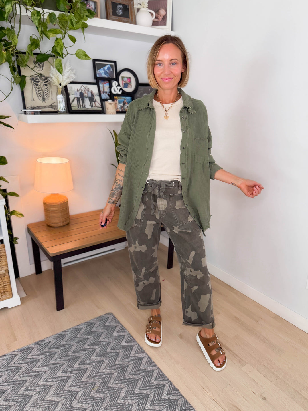 Baylea Cotton Gauze Button Down- LT OLIVE