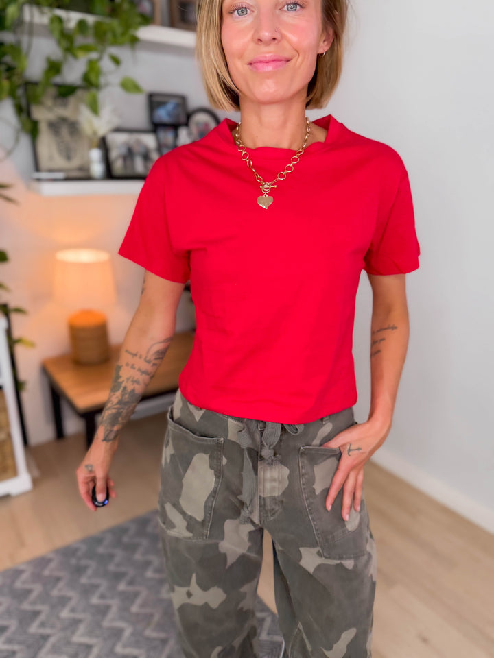 Nova Crew Neck Cropped T-Shirt- RUBY