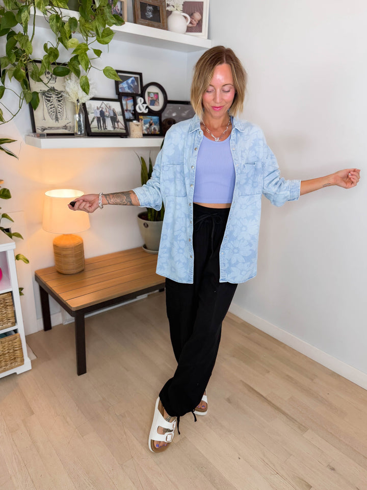 Risen Peachy Keen Floral Shirt- LIGHT WASH-FINAL SALE