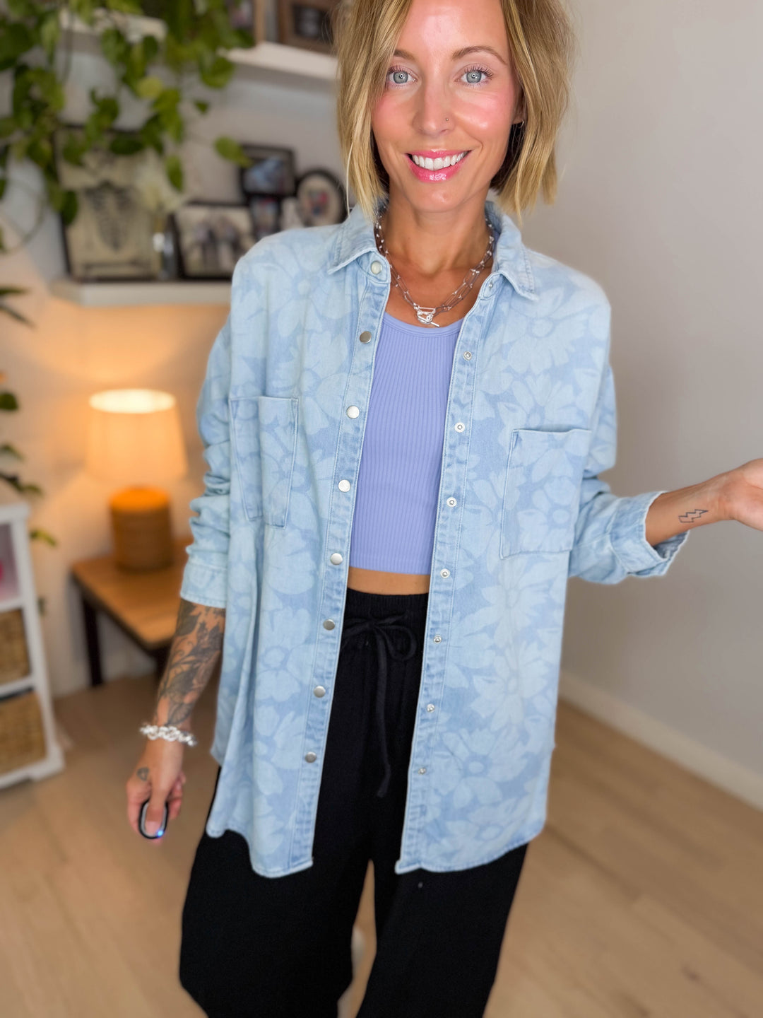 Risen Peachy Keen Floral Shirt- LIGHT WASH-FINAL SALE