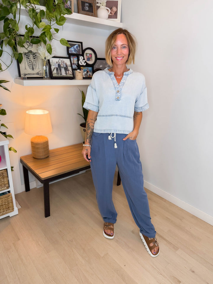 Teryn Denim Split Neck Top