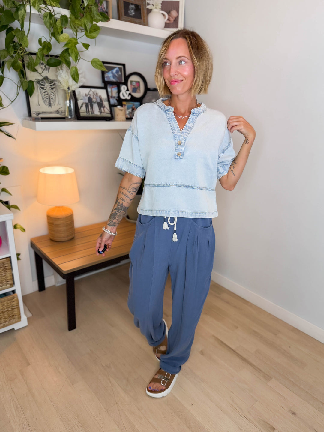 Teryn Denim Split Neck Top