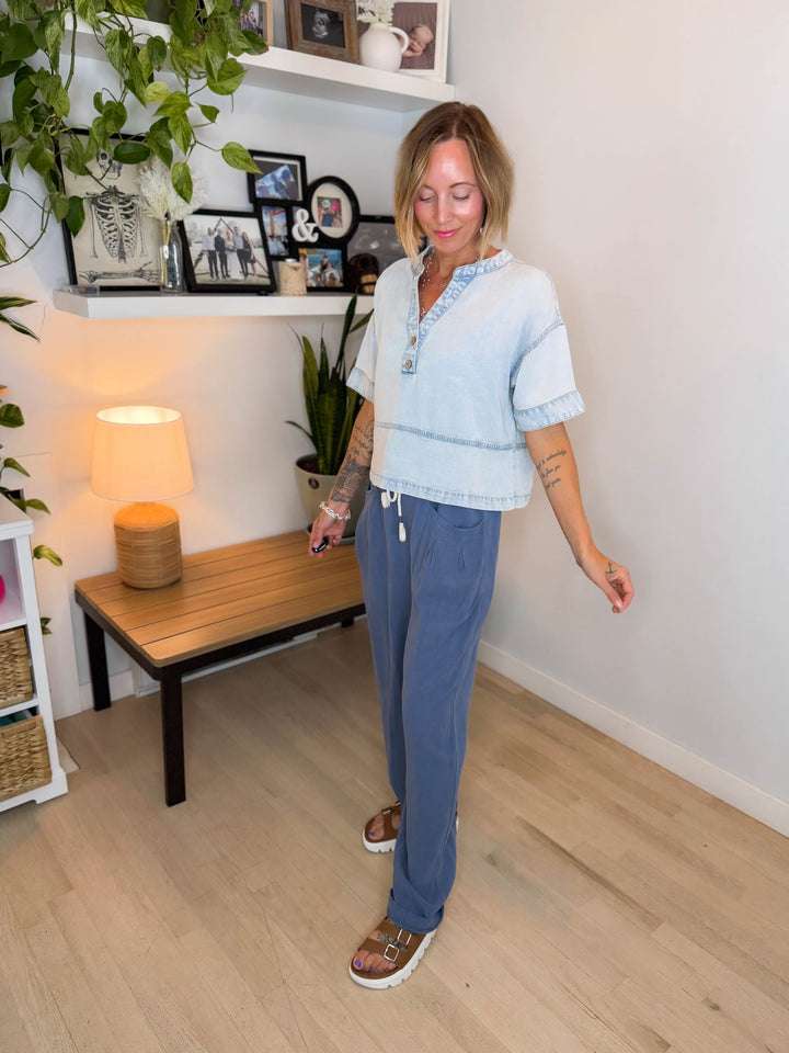 Teryn Denim Split Neck Top