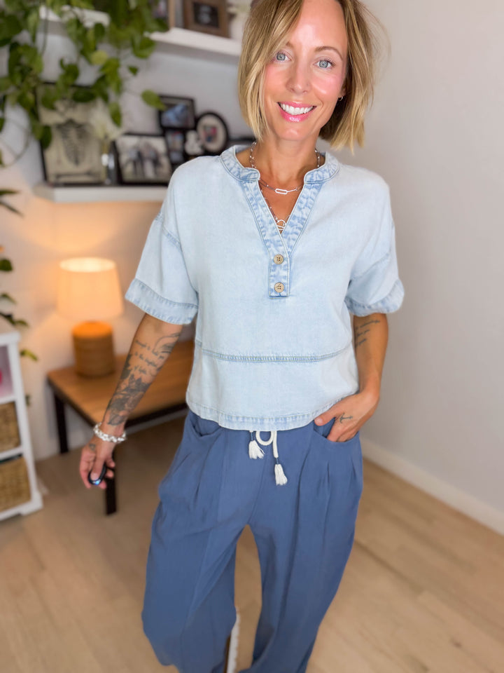 Teryn Denim Split Neck Top