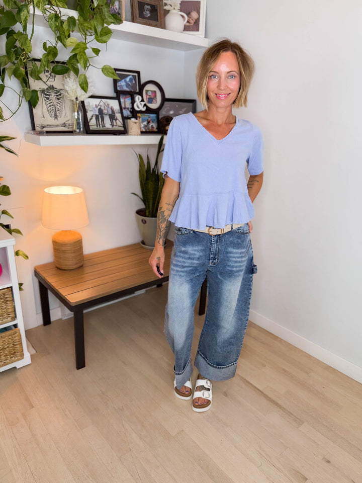 Frankie Cotton Peplum Top- PERIWINKLE BLUE-FINAL SALE