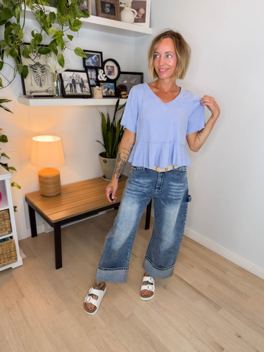 Frankie Cotton Peplum Top- PERIWINKLE BLUE-FINAL SALE