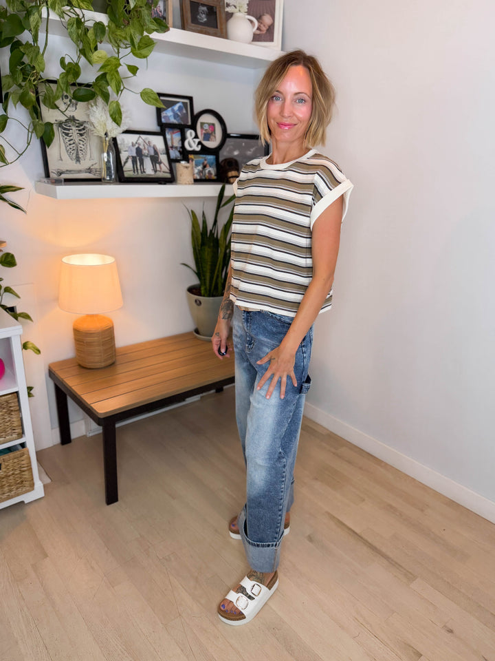 Evee Stripe Crewneck Knit Top- CREAM MULTI