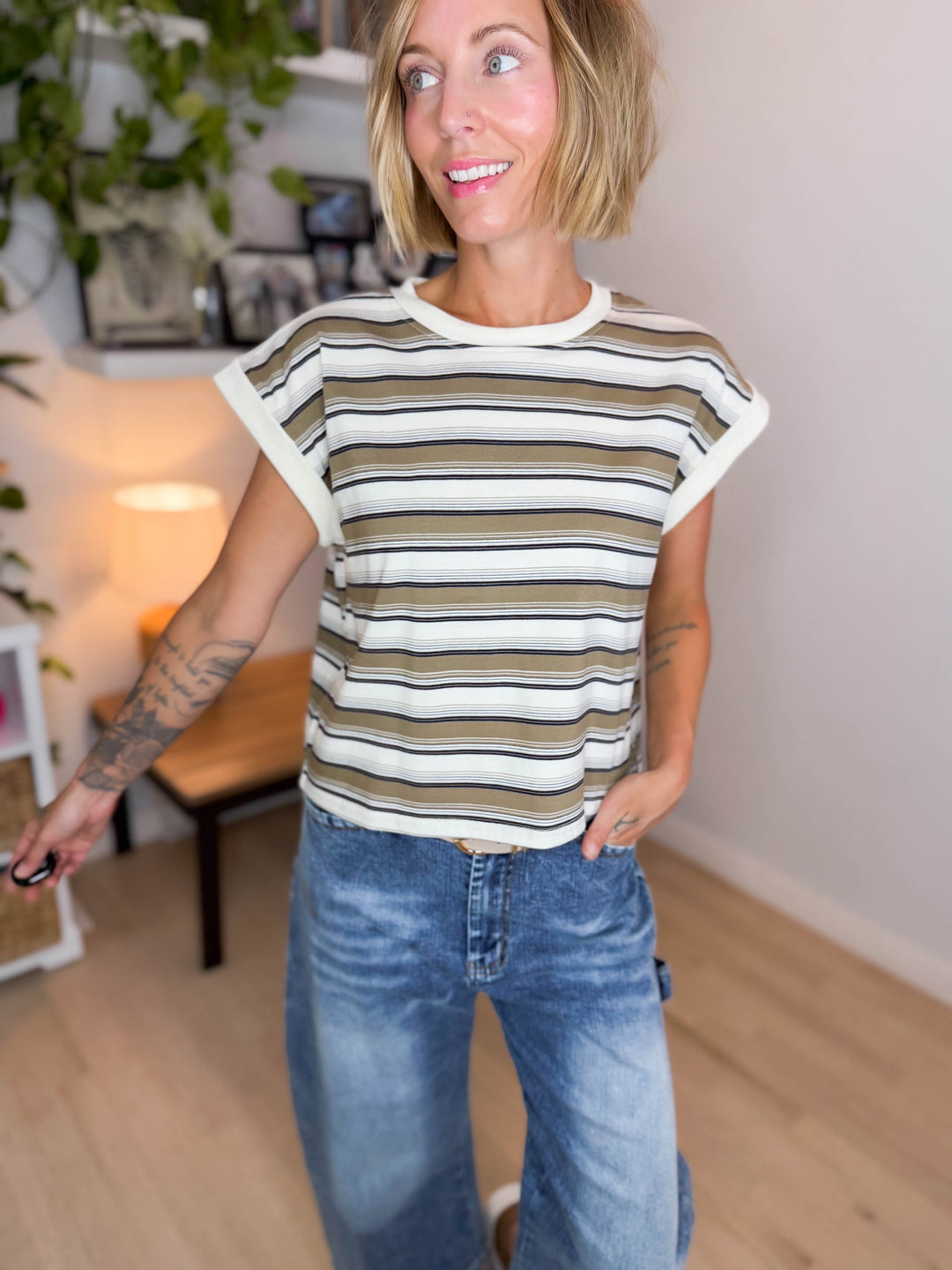 Evee Stripe Crewneck Knit Top- CREAM MULTI