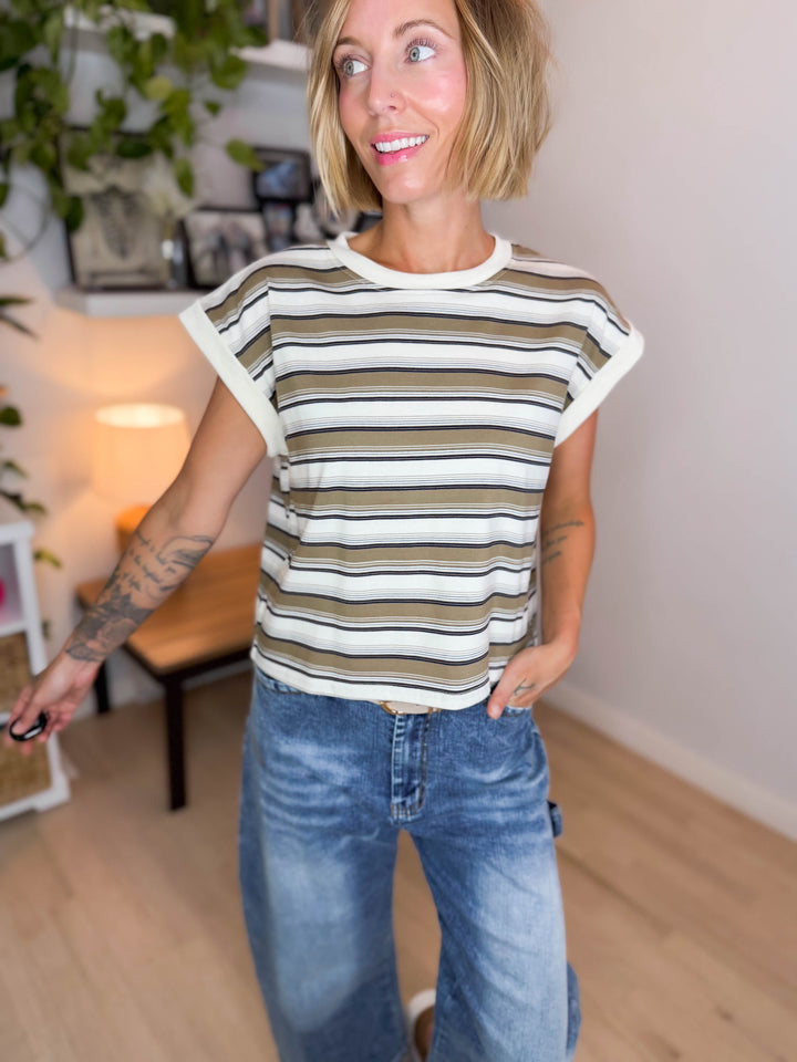 Evee Stripe Crewneck Knit Top- CREAM MULTI