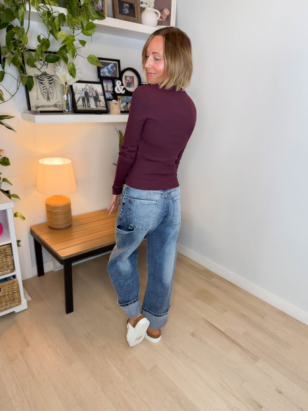 Only Val Organic Cotton Ribbed Long Sleeve Top- FIG