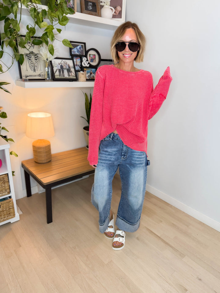 Pippa Mineral Washed Thermal Pullover- POPPY RED