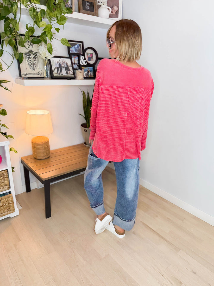Pippa Mineral Washed Thermal Pullover- POPPY RED