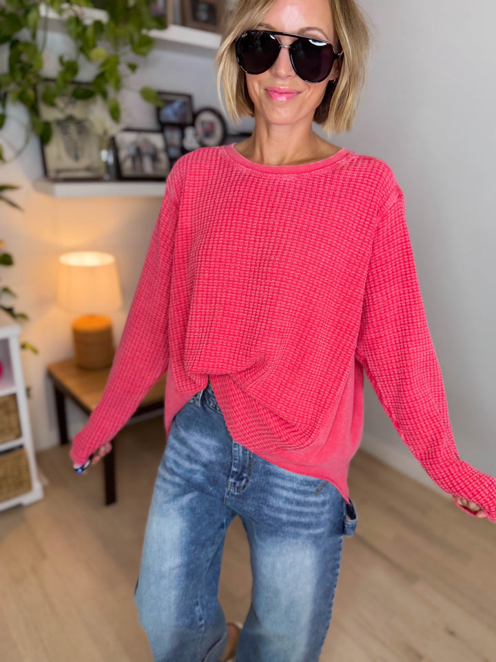 Pippa Mineral Washed Thermal Pullover- POPPY RED