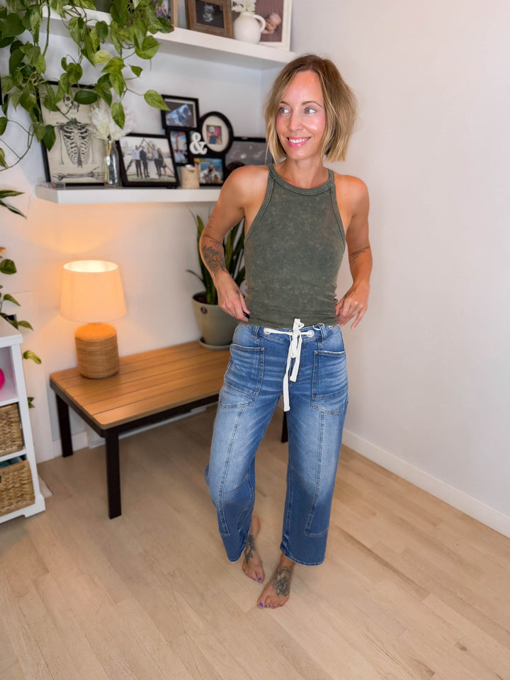 RISEN Keene Slouchy Tie Waist Barrel Jean- MEDIUM WASH