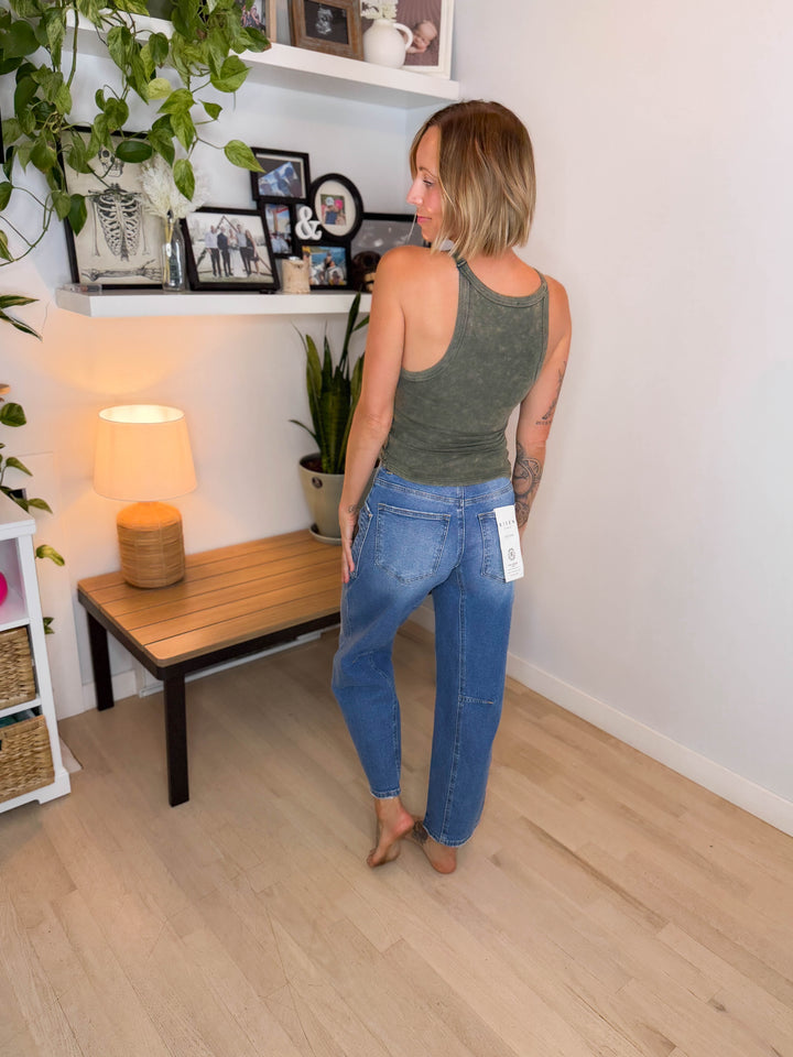 RISEN Keene Slouchy Tie Waist Barrel Jean- MEDIUM WASH