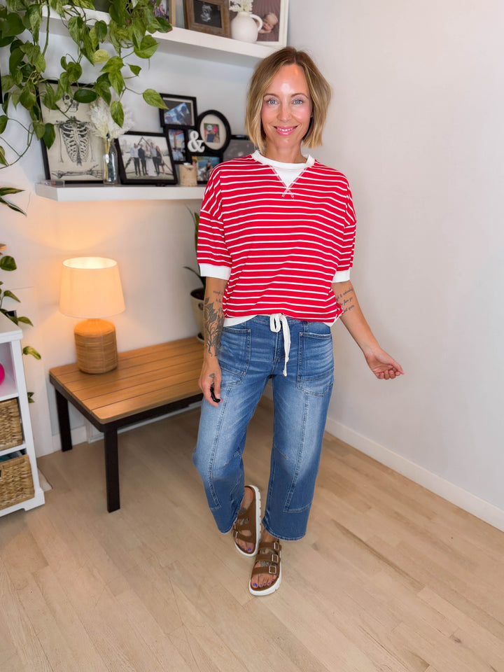 Santorini Stretch Cotton Stripe Short Sleeve- RUBY-FINAL SALE *S*