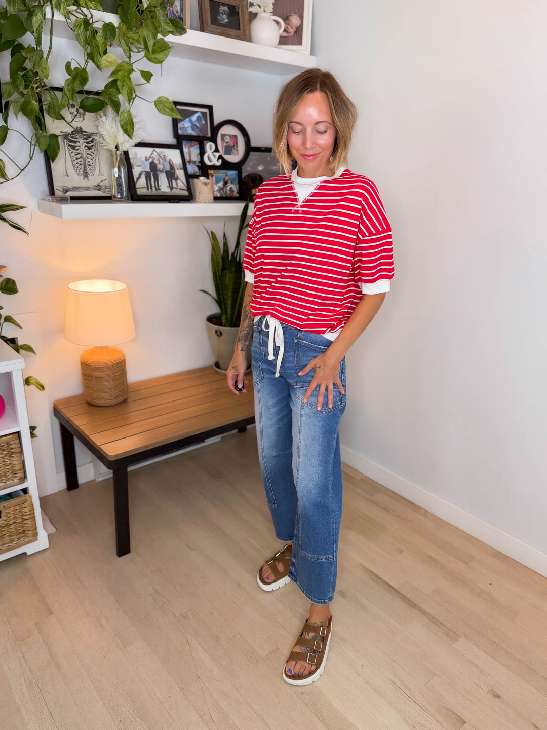 Santorini Stretch Cotton Stripe Short Sleeve- RUBY-FINAL SALE *S*