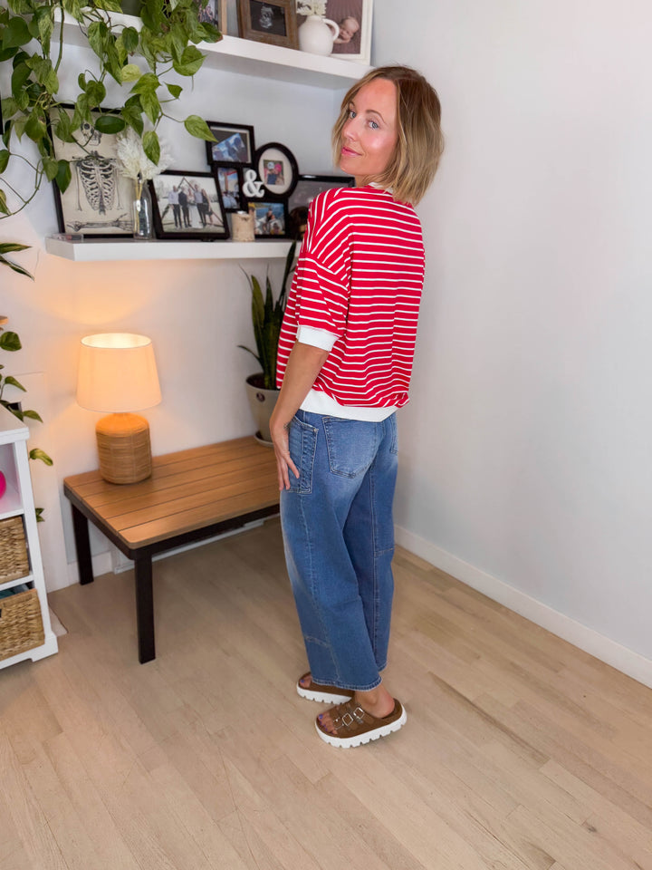Santorini Stretch Cotton Stripe Short Sleeve- RUBY-FINAL SALE *S*