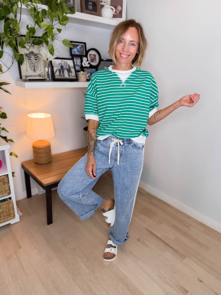 Santorini Stretch Cotton Stripe Short Sleeve- KELLY GREEN