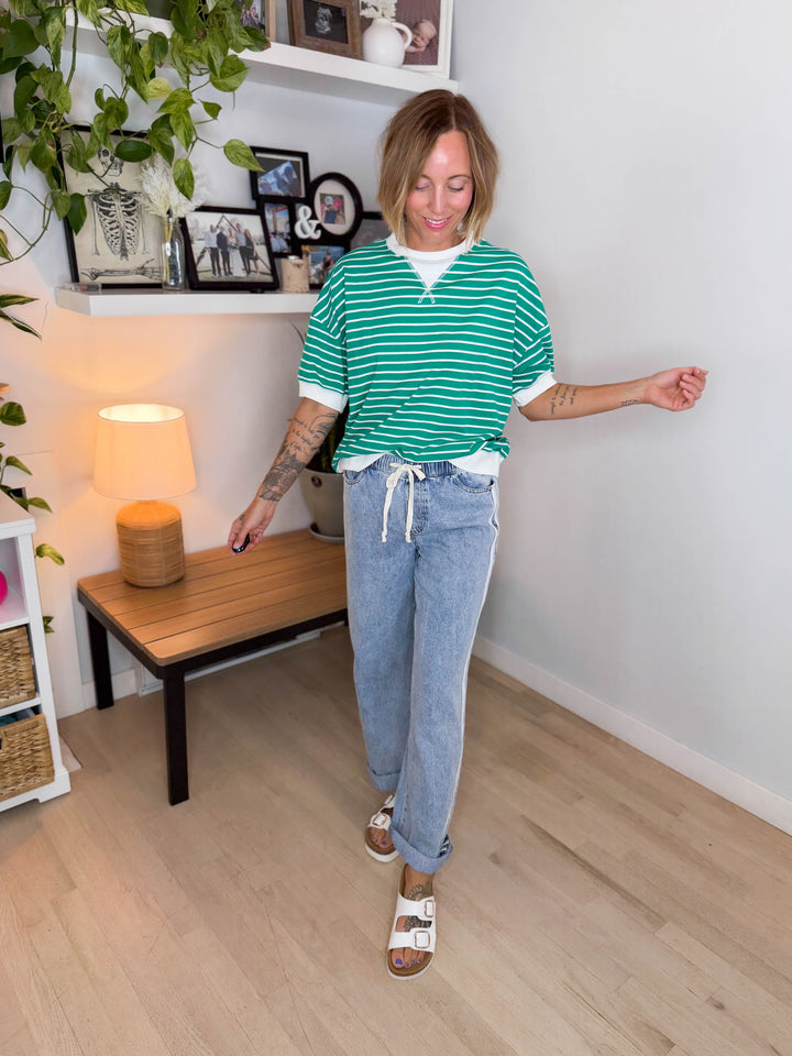 Santorini Stretch Cotton Stripe Short Sleeve- KELLY GREEN
