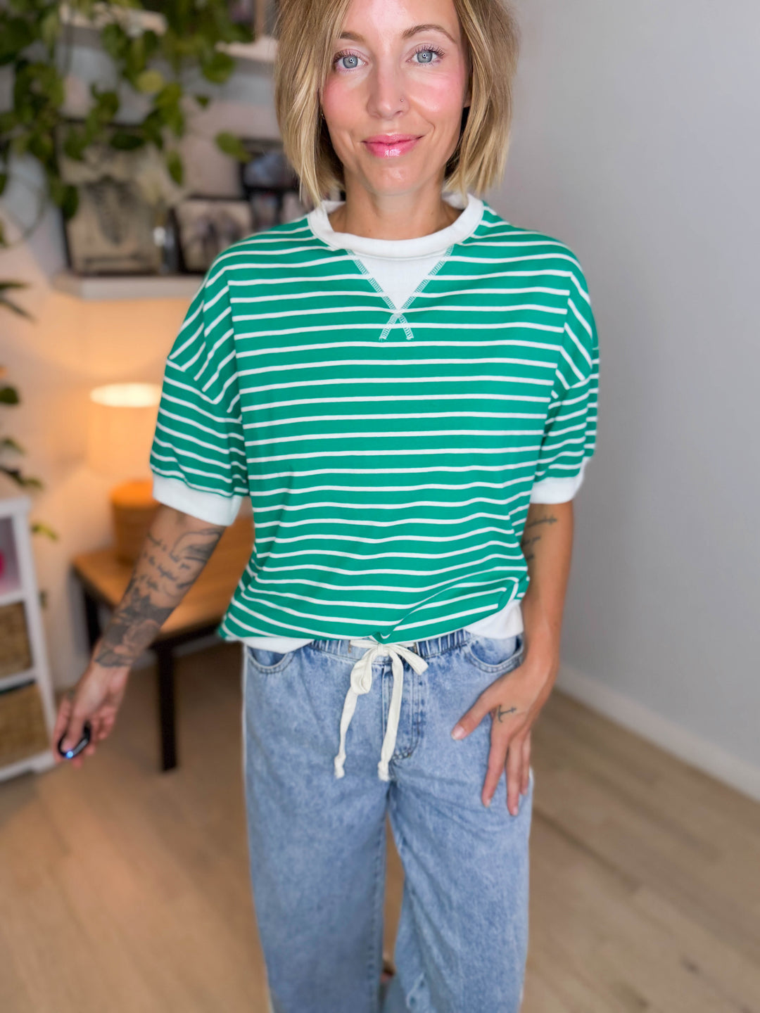 Santorini Stretch Cotton Stripe Short Sleeve- KELLY GREEN