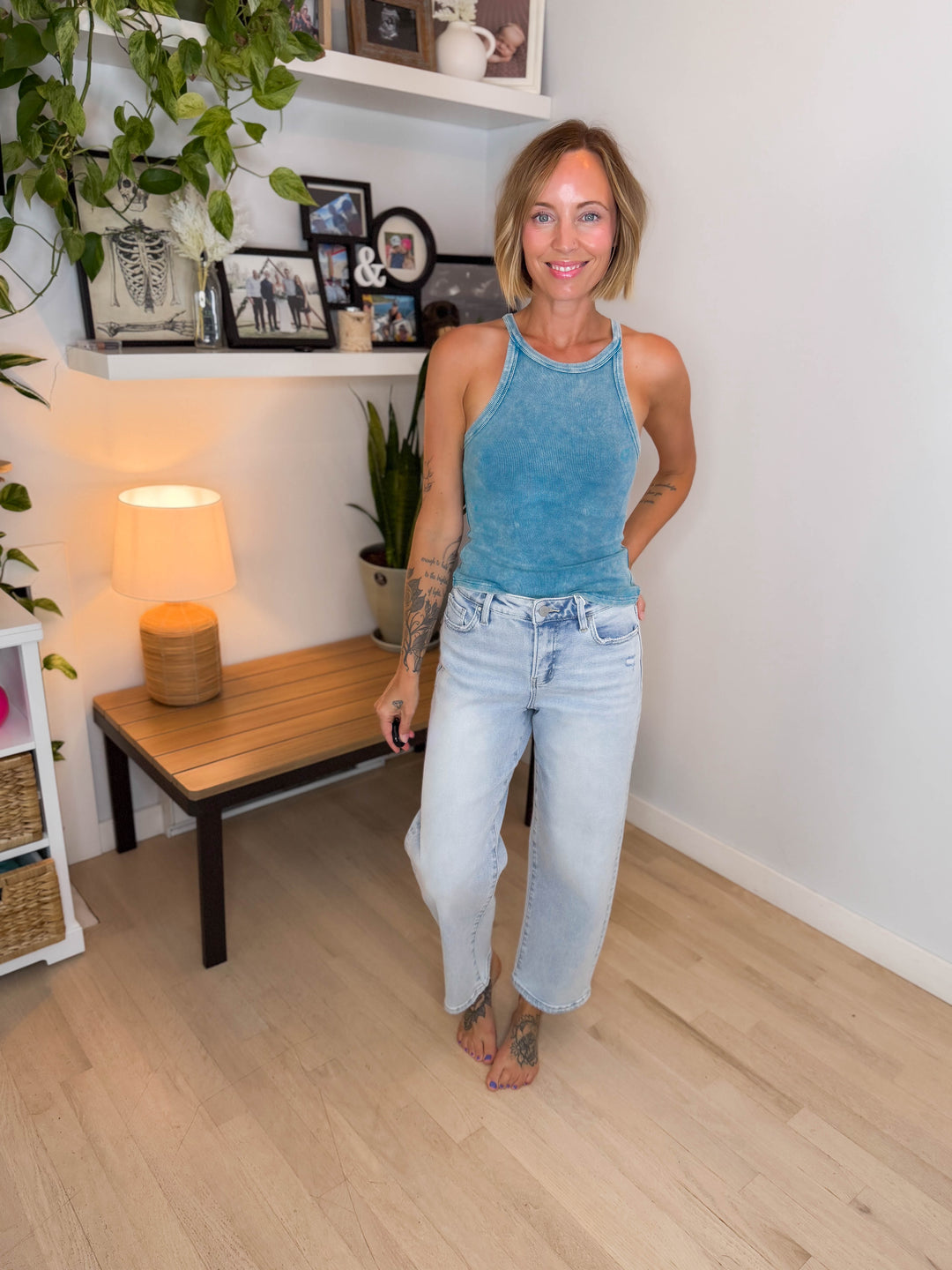 RISEN Marigold High Rise Slim Crop Barrel- LIGHT WASH-FINAL SALE *25 + 31*