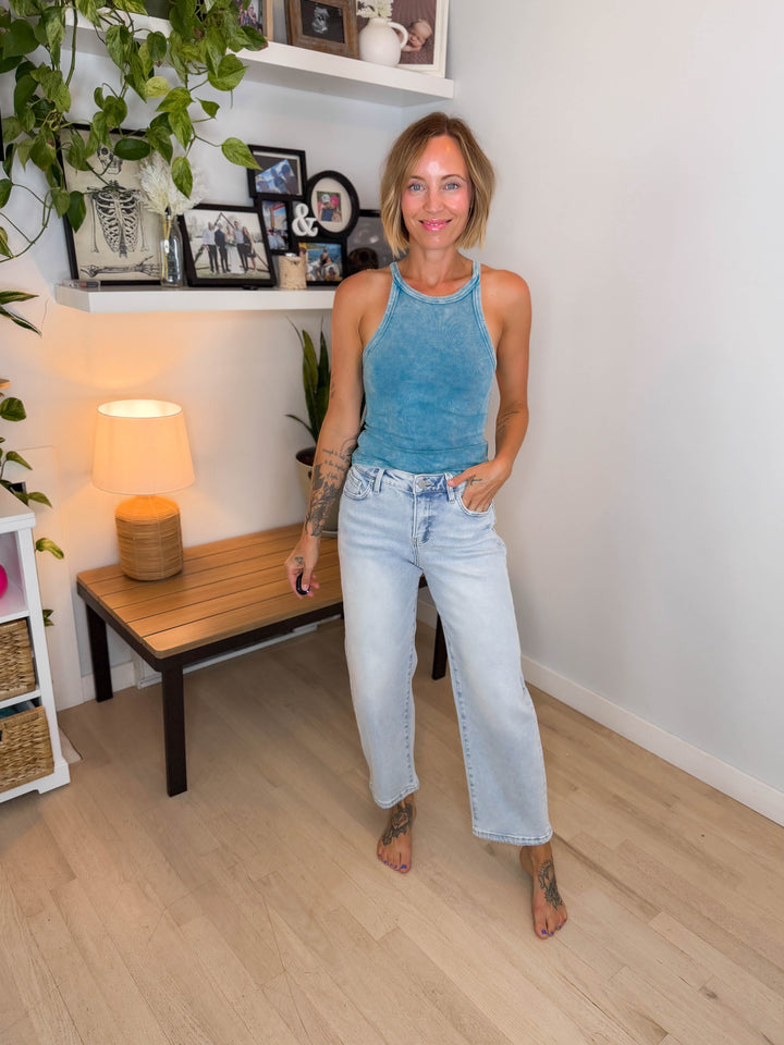 RISEN Marigold High Rise Slim Crop Barrel- LIGHT WASH-FINAL SALE *25 + 31*