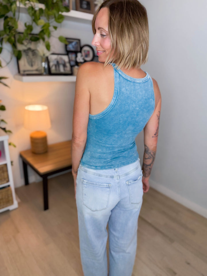 Oasis Ribbed Halter Tank- TURQUOISE-FINAL SALE