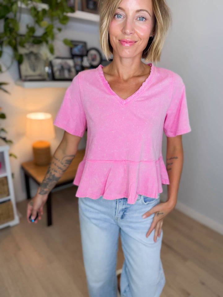 Frankie Cotton Peplum Top- PINK-FINAL SALE