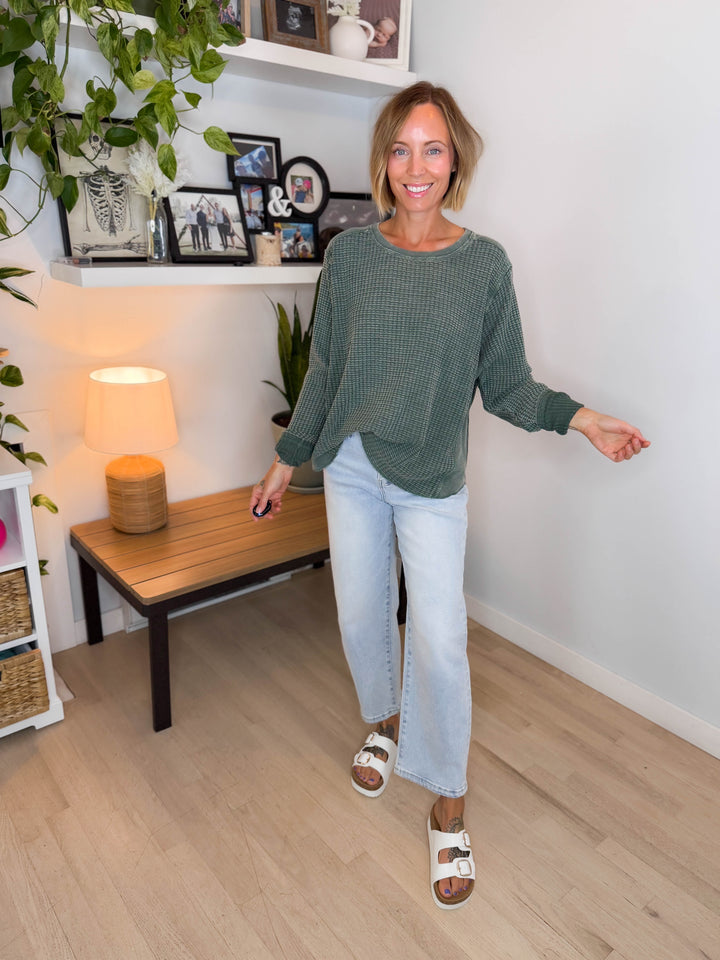 Pippa Mineral Washed Thermal Pullover- PINE GREEN