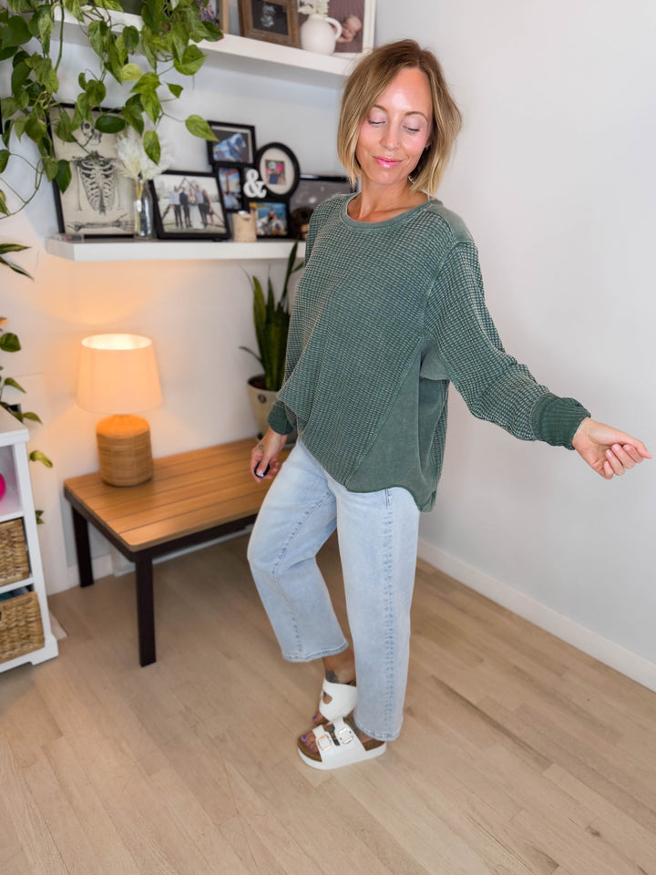 Pippa Mineral Washed Thermal Pullover- PINE GREEN