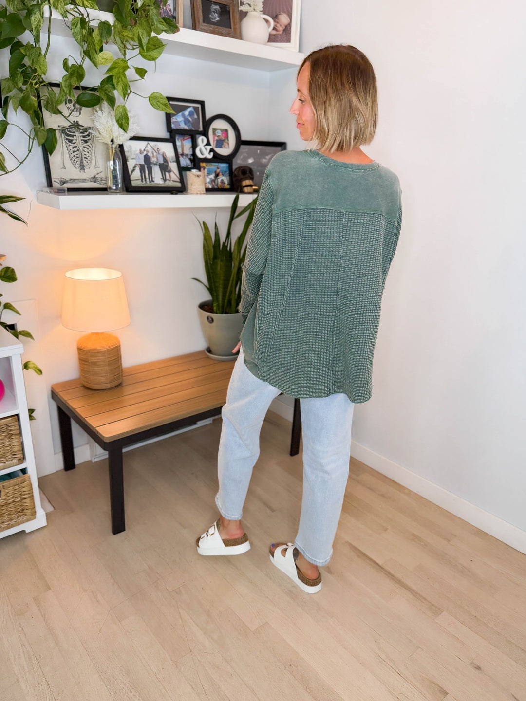 Pippa Mineral Washed Thermal Pullover- PINE GREEN