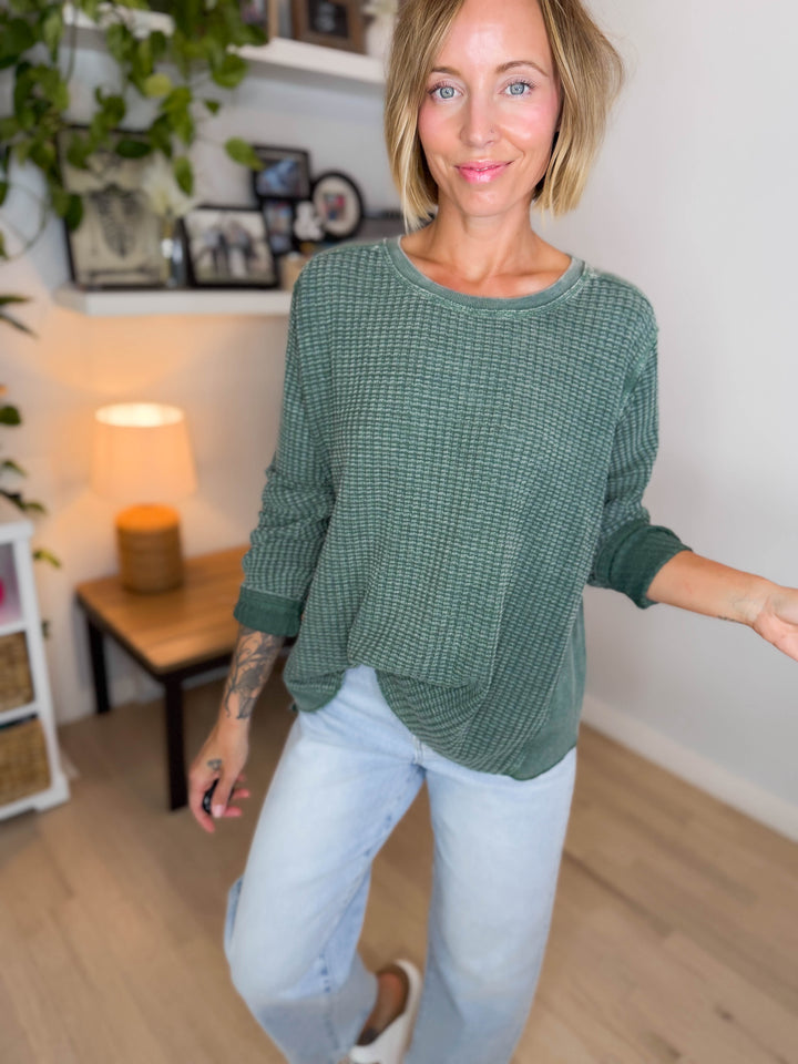 Pippa Mineral Washed Thermal Pullover- PINE GREEN