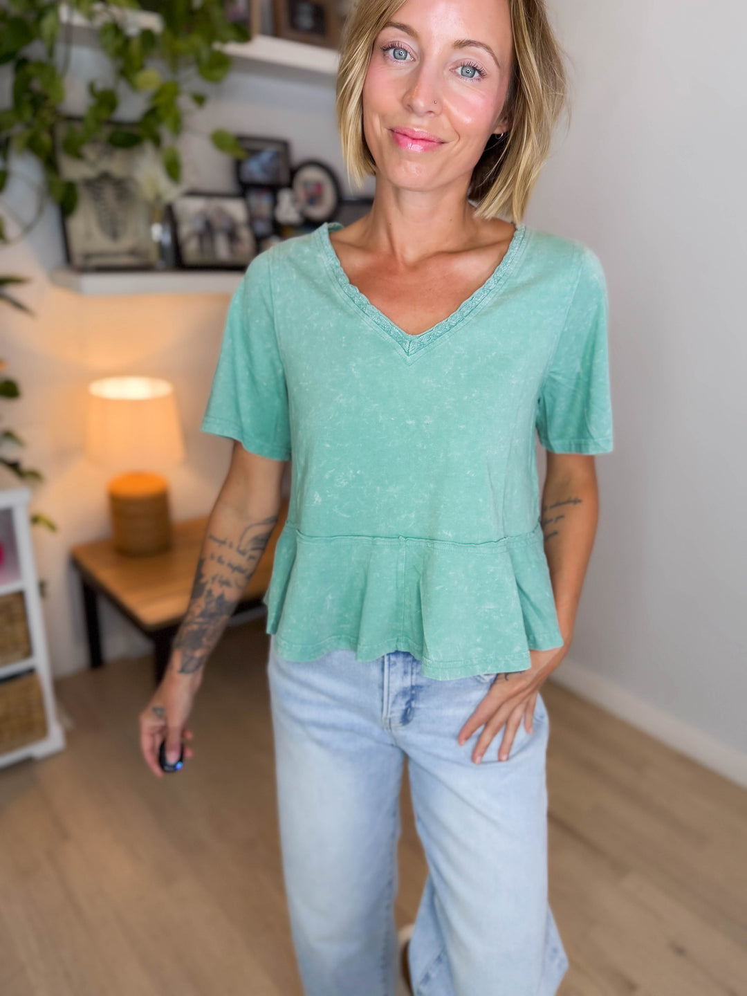 Frankie Cotton Peplum Top- SAGE-FINAL SALE