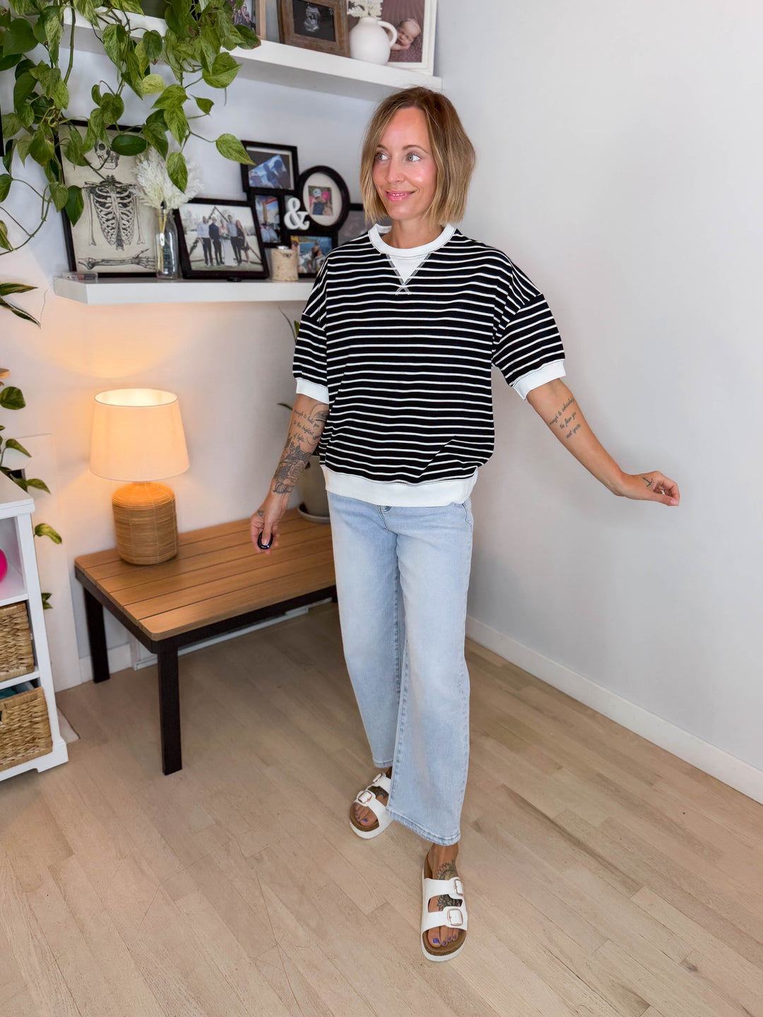 Santorini Stretch Cotton Stripe Short Sleeve- BLACK