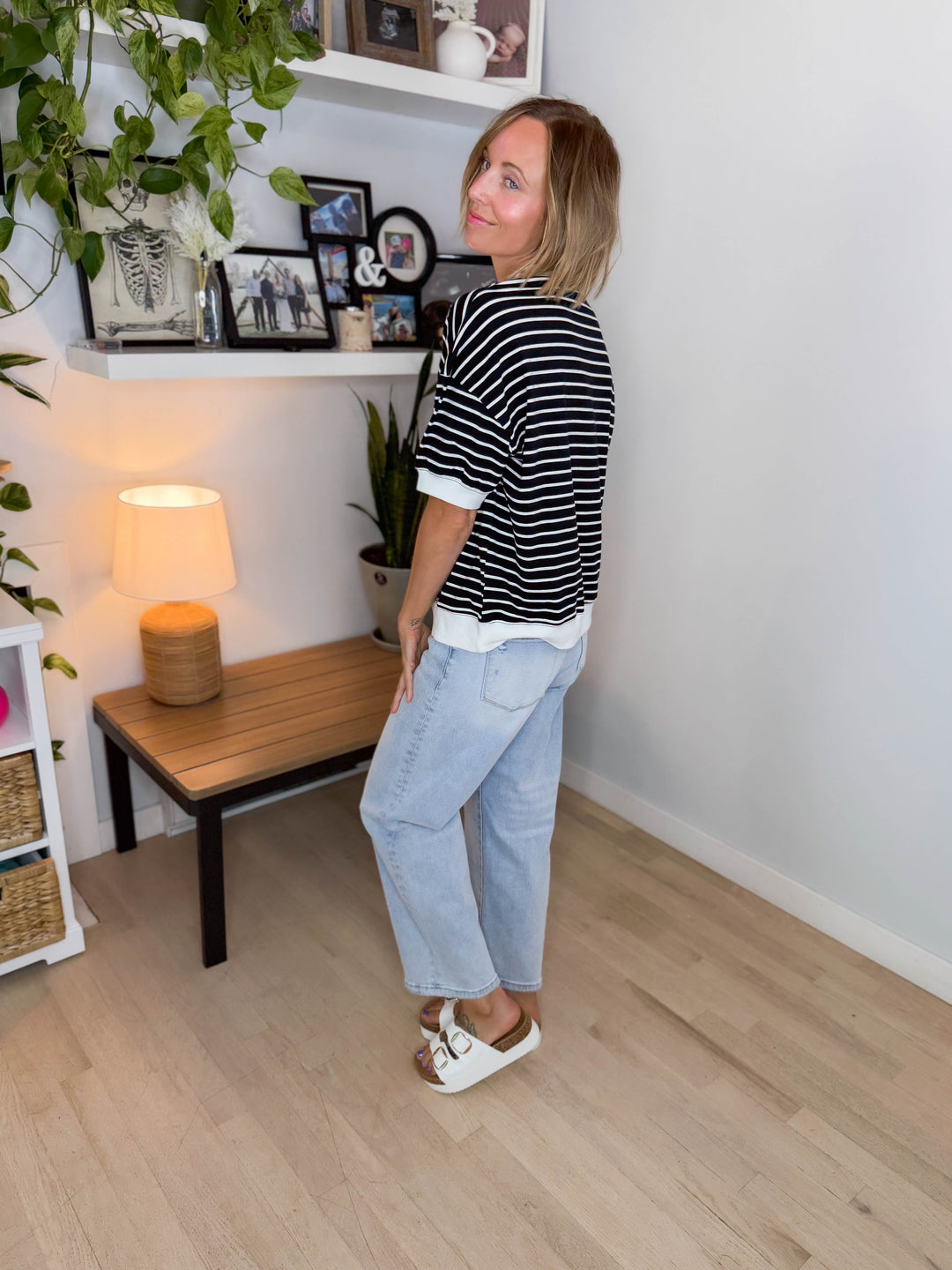 Santorini Stretch Cotton Stripe Short Sleeve- BLACK