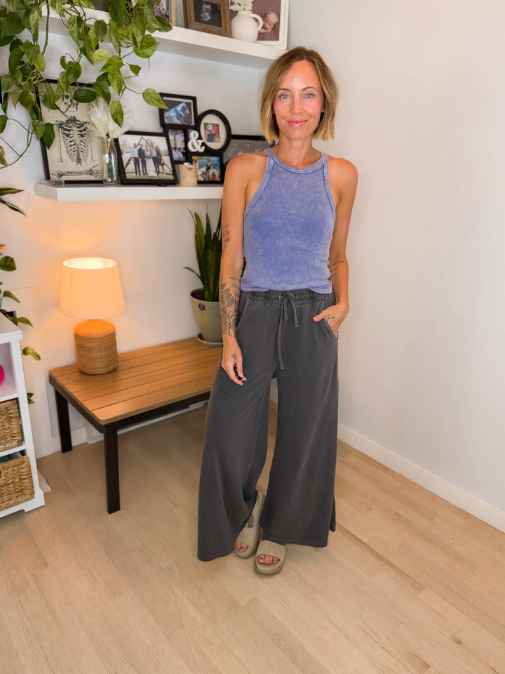 Solana Washed French Terry Wide Leg Pant- BLACK-FINAL SALE