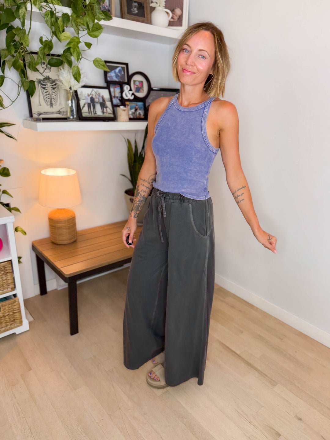 Solana Washed French Terry Wide Leg Pant- BLACK-FINAL SALE