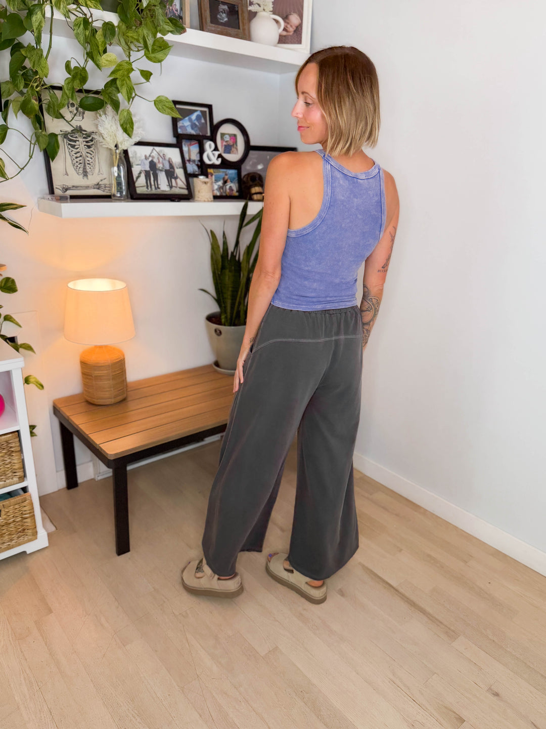 Solana Washed French Terry Wide Leg Pant- BLACK-FINAL SALE