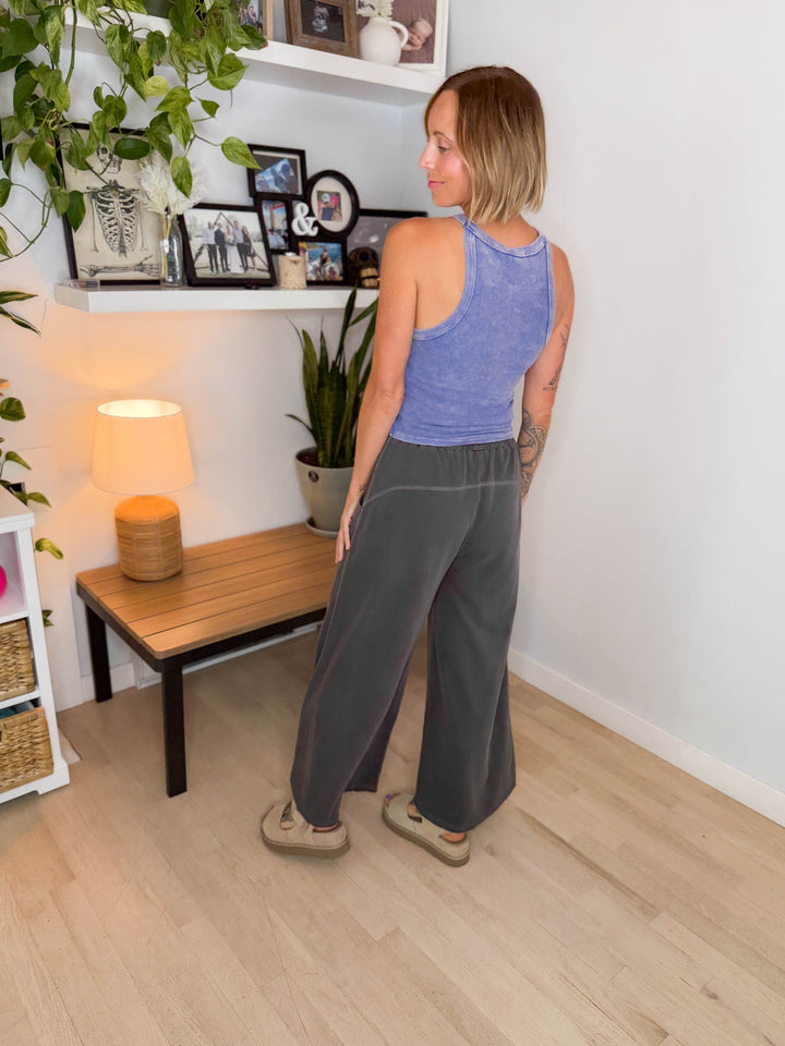 Solana Washed French Terry Wide Leg Pant- BLACK-FINAL SALE