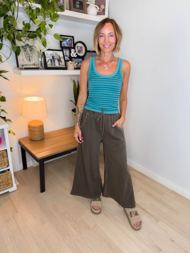 Solana Washed French Terry Wide Leg Pant- BROWN-FINAL SALE