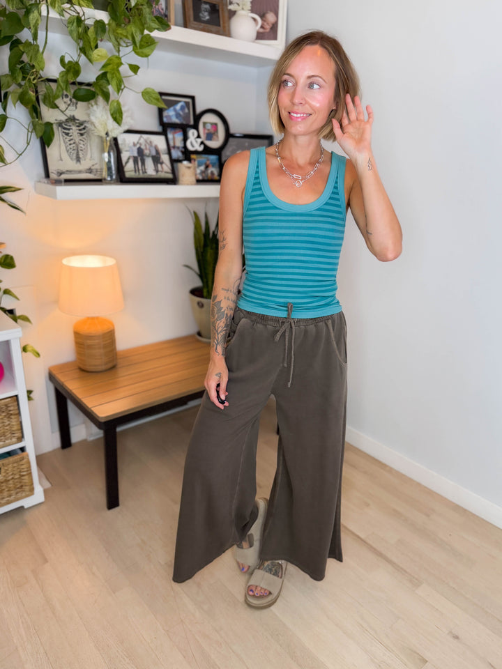 Solana Washed French Terry Wide Leg Pant- BROWN-FINAL SALE