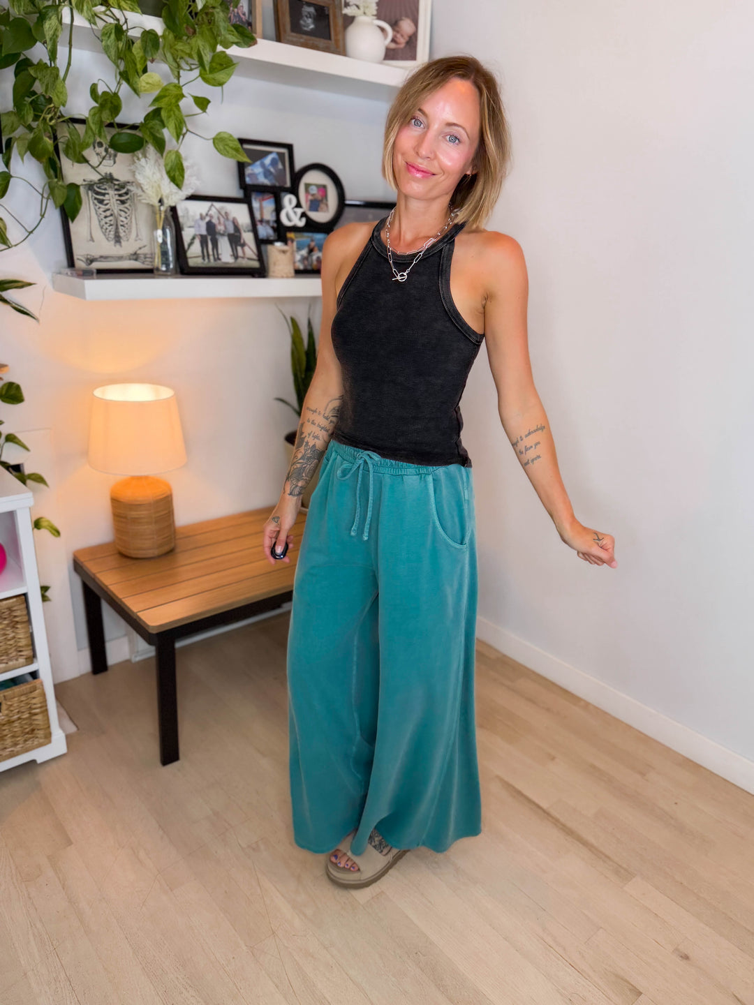 Solana Washed French Terry Wide Leg Pant- TEAL-FINAL SALE