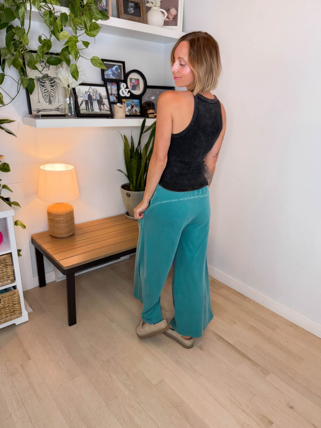 Solana Washed French Terry Wide Leg Pant- TEAL-FINAL SALE