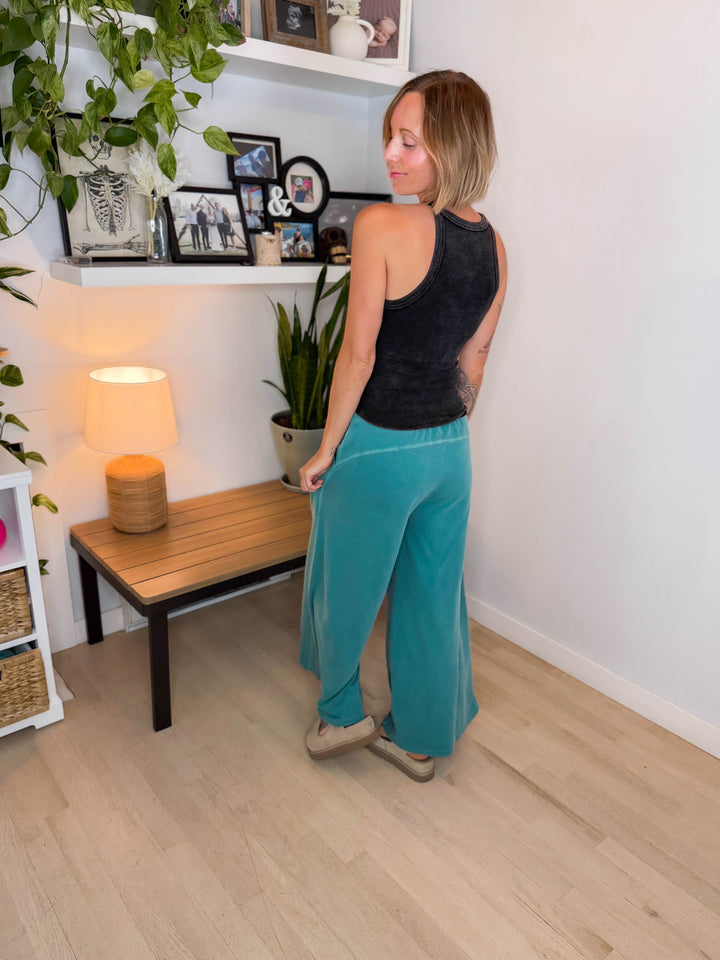 Solana Washed French Terry Wide Leg Pant- TEAL-FINAL SALE