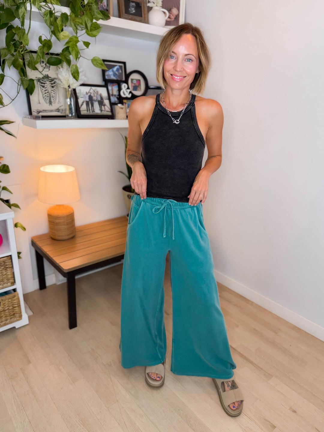 Solana Washed French Terry Wide Leg Pant- TEAL-FINAL SALE