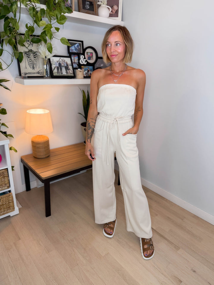 Bahia Washed Strapless Jumpsuit- OATMEAL