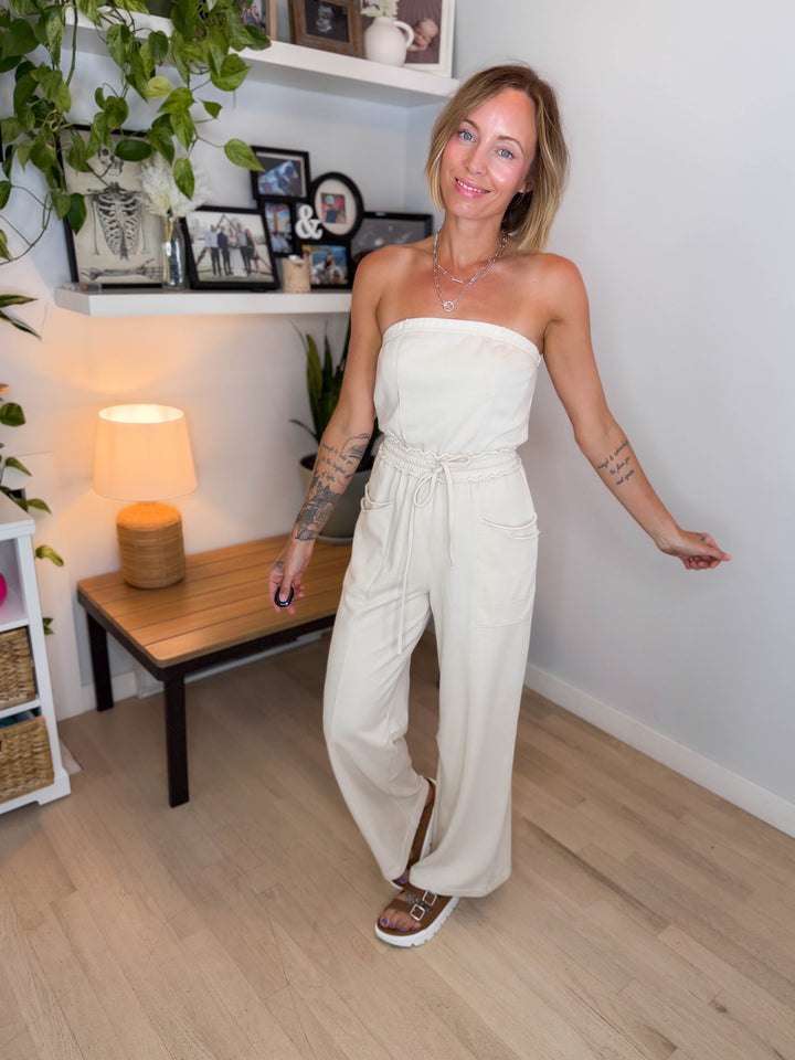 Bahia Washed Strapless Jumpsuit- OATMEAL