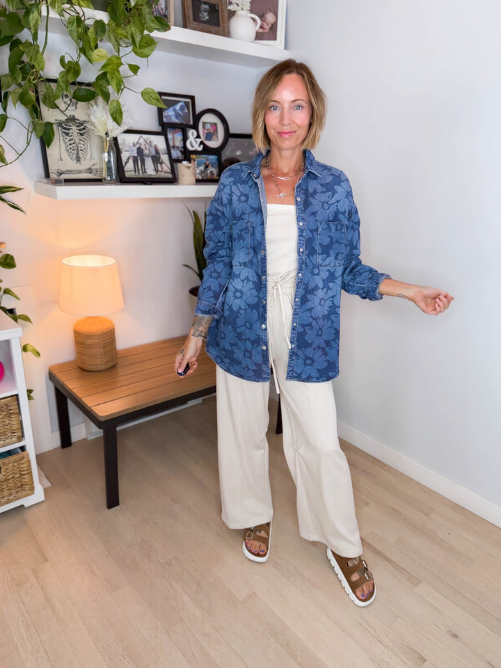 Risen Peachy Keen Floral Shirt- DARK WASH-FINAL SALE