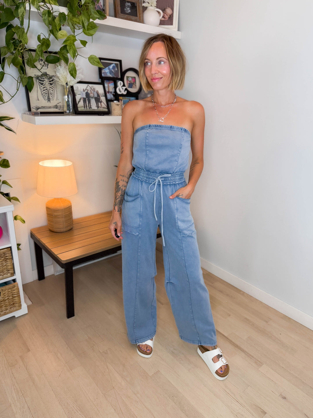 Bahia Washed Strapless Jumpsuit- LIGHT DENIM